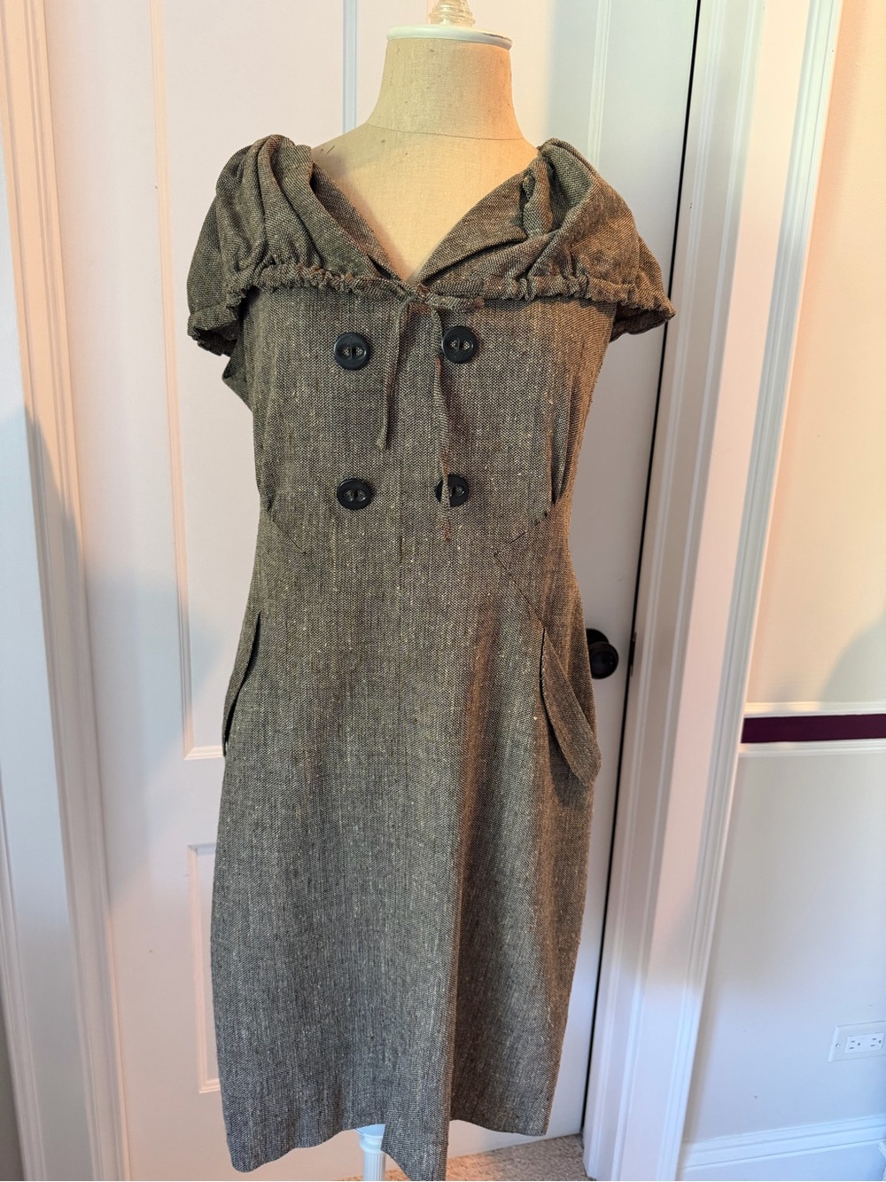 Luca Luca Designer Womens Hooded Double-Breasted Tweed Dress - Brown Tweed - M